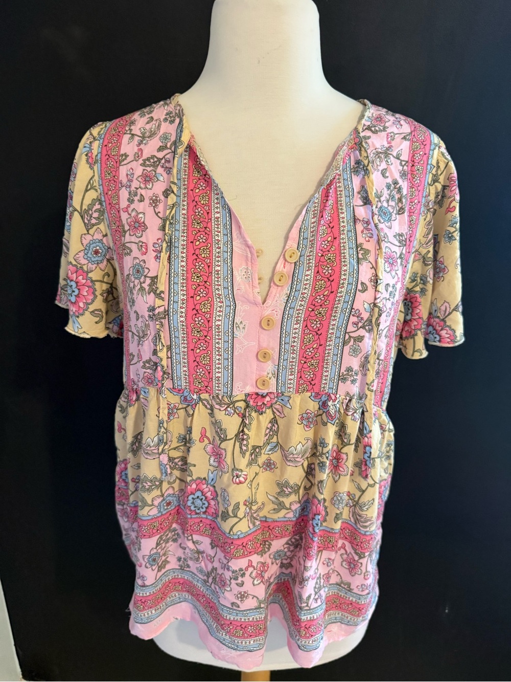 Floral Button-Front Boho Peasant Blouse in Pink and Yellow size medium